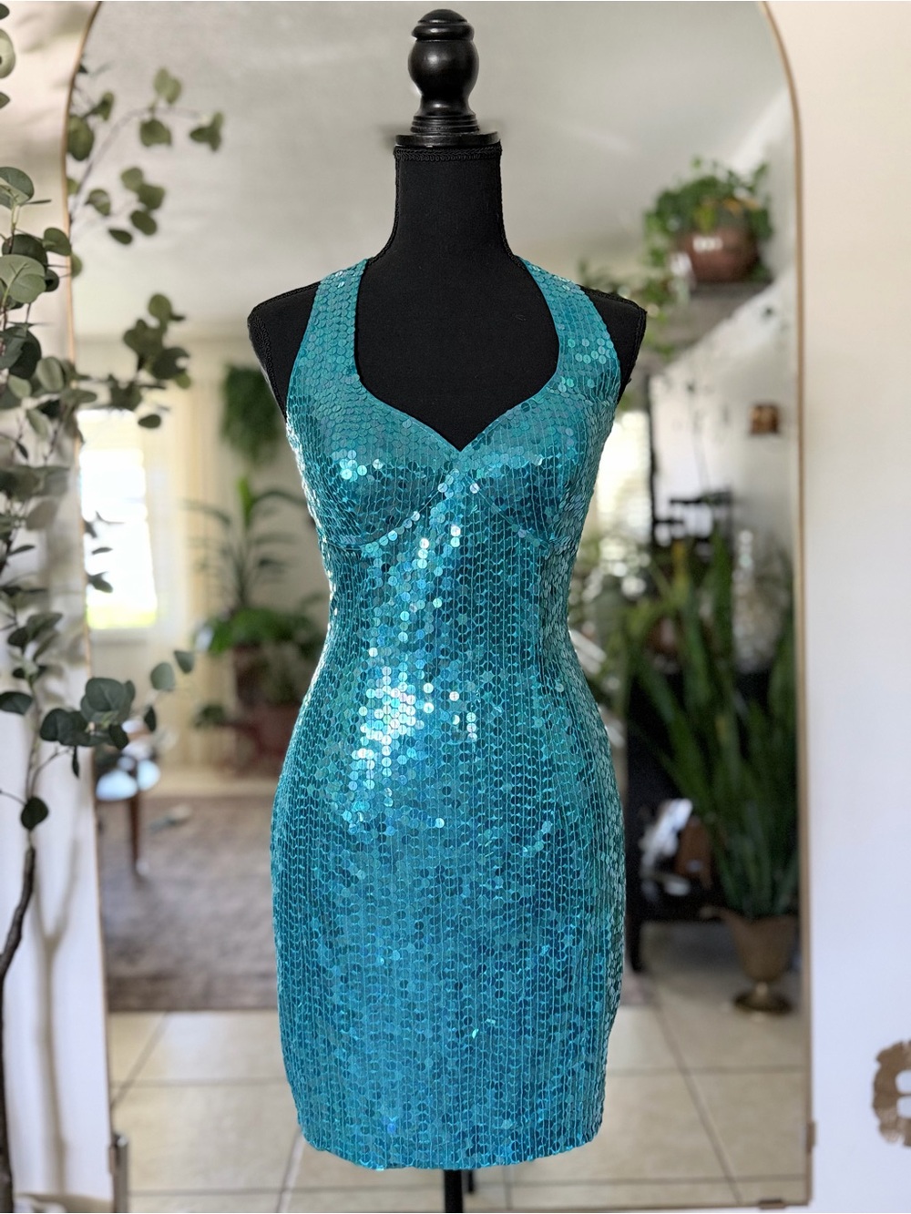 Niteline Aqua‎ Sequin Open Back Halter Mini Dress Vintage Y2K Glam